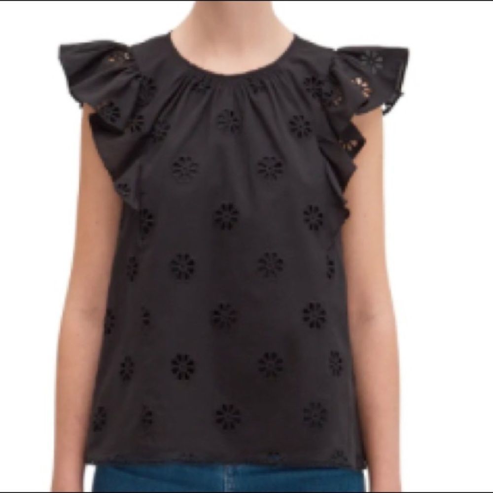 KATE SPADE Clover Eyelet Ruffle Flutter Sleeve Top Black Size XXS